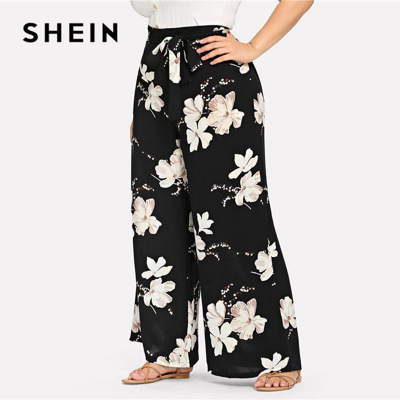 Compra SHEIN Talla Extra Cinturón Negro Cinturón Estampado Floral Pantalones  De Pierna Ancha 2019 Mujeres Primavera Verano Boho Nudo Largo Pantalones  Sueltos Con Fajas Barato | Entrega Rápida Y Calidad | Es.Dhgate