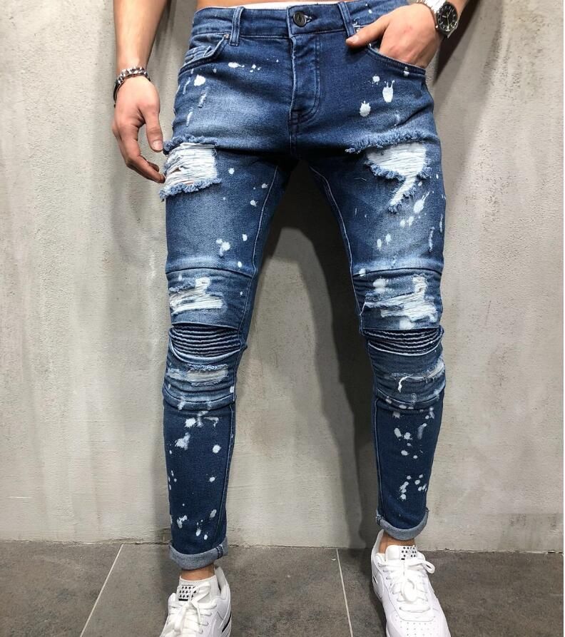 Compra Pantalones Vaqueros De Moda De Alta Calidad Para Hombres, Primavera,  Hombres, Rodillas, Pliegues, Estampados, Pantalones Delgados, Pantalones  Con Agujero Para Hombres Barato | Entrega Rápida Y Calidad | Es.Dhgate