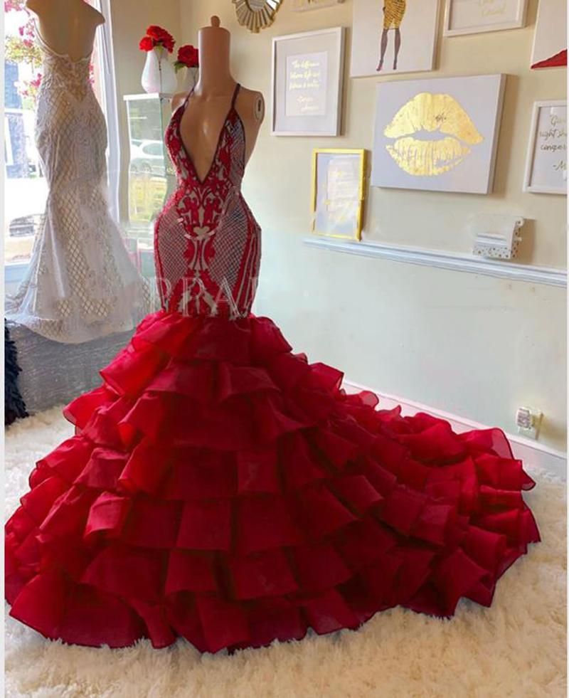 Sexy Red Halter Prom Dresses Sequins 