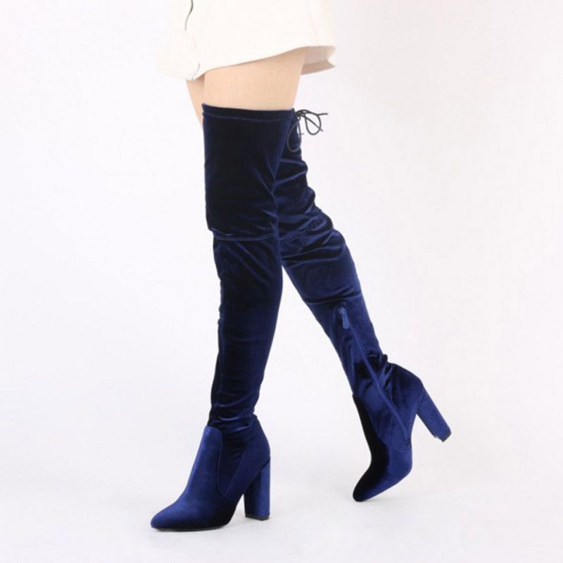 Botas azul marino Cremallera de poliuretano Trabajo de invierno, Salidas Chunky Super High Tacón cuadrado Botas altas hasta el para mujer