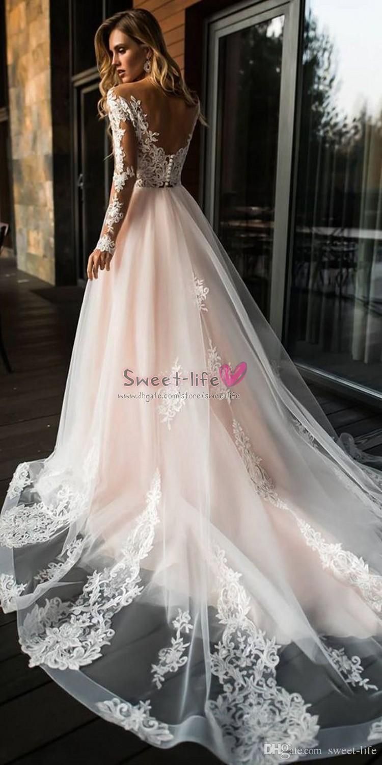 Long Sleeves Light Pink Wedding Dresses 
