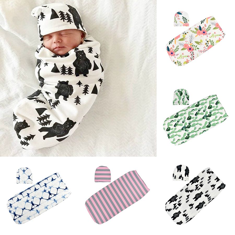 Infant Baby Blanket Swaddle Muslin Wrap Warm Swaddling Sleeping Bag+Hat 2PCS Set