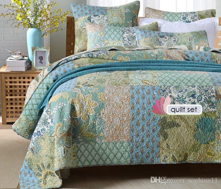 3 piezas de retazos Acolchado Colcha Edredón Cobertor Cama Set Bordado