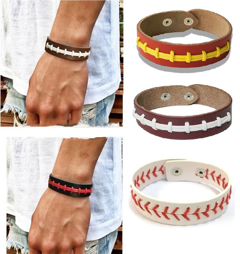 Classic Leather Seam Baseball Wristband Bracelet Softball Woven Bangles