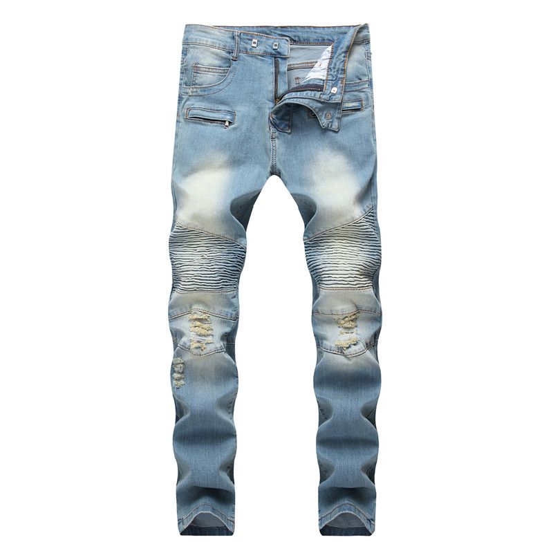 Azul hombre pantalones rectos moderna larga delgada Distrressed Jeans Moda Hombre Ropa de diseño Fold