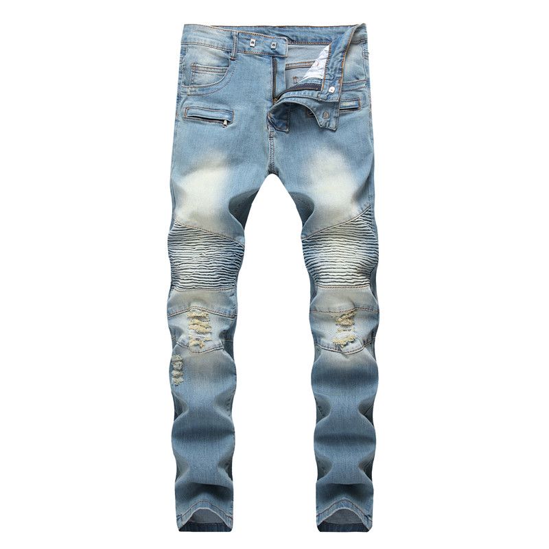 Compra Azul Para Hombre Pantalones Rectos Moderna Larga Delgada Distrressed  Jeans Moda Hombre Ropa De Diseño Fold Luz Barato | Entrega Rápida Y Calidad  | Es.Dhgate