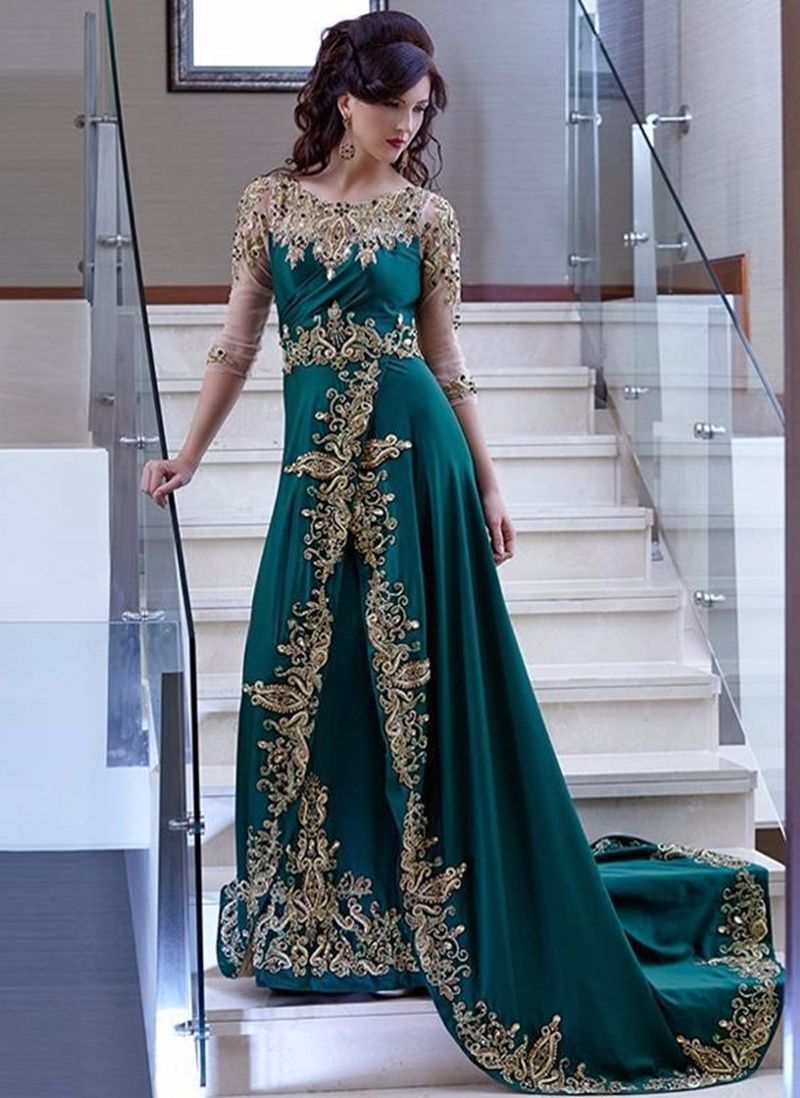 Compra Árabe Vestidos De Noche Pura Equipo De Marruecos Kaftan Cucharada De  Oro Apliques De Encaje Con Cuentas De Tres Cuartos Mangas De Raso Verde  Esmeralda Vestido De Fiesta Barato | Entrega