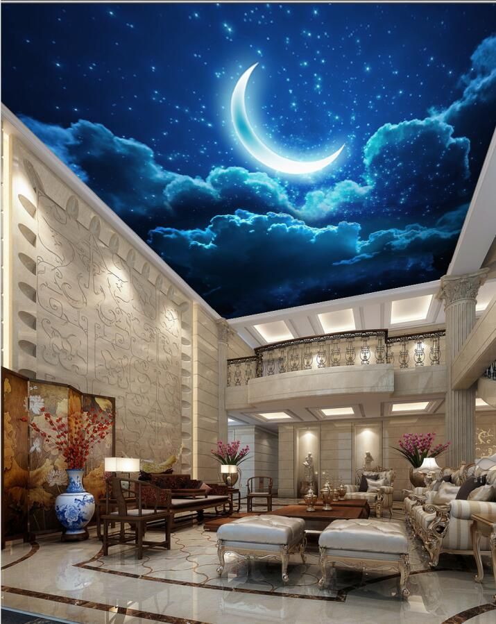 Custom Murals 3d Ceilings Painting Style Night Sky Curved Moon