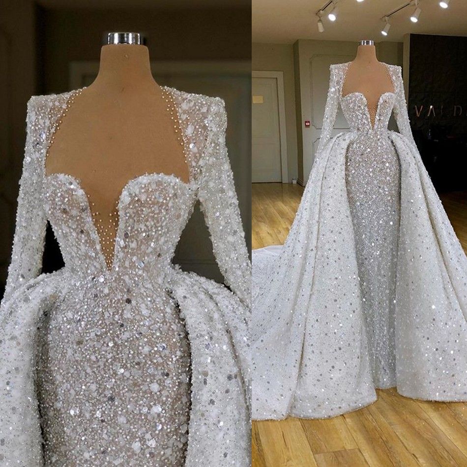 Sparkle Wedding Dress With Detachable Train Long Sleeve Beaded Vestido ...