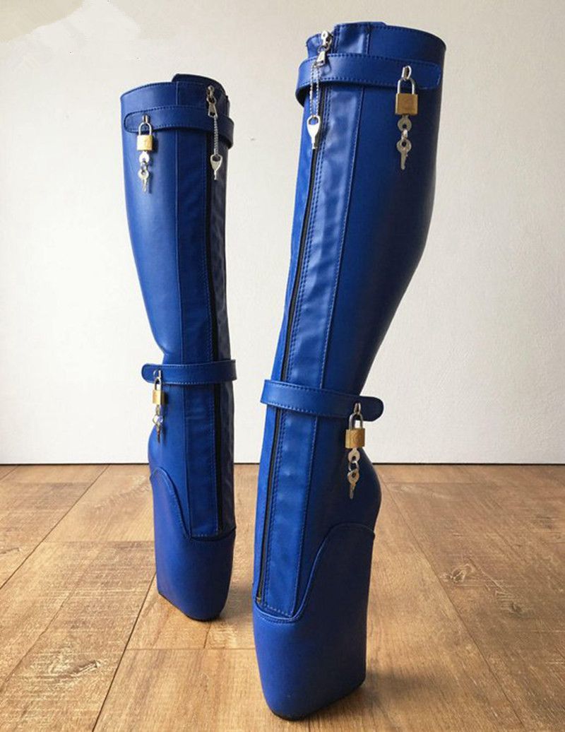 Blue Leather Pu Mid Calf Boots 