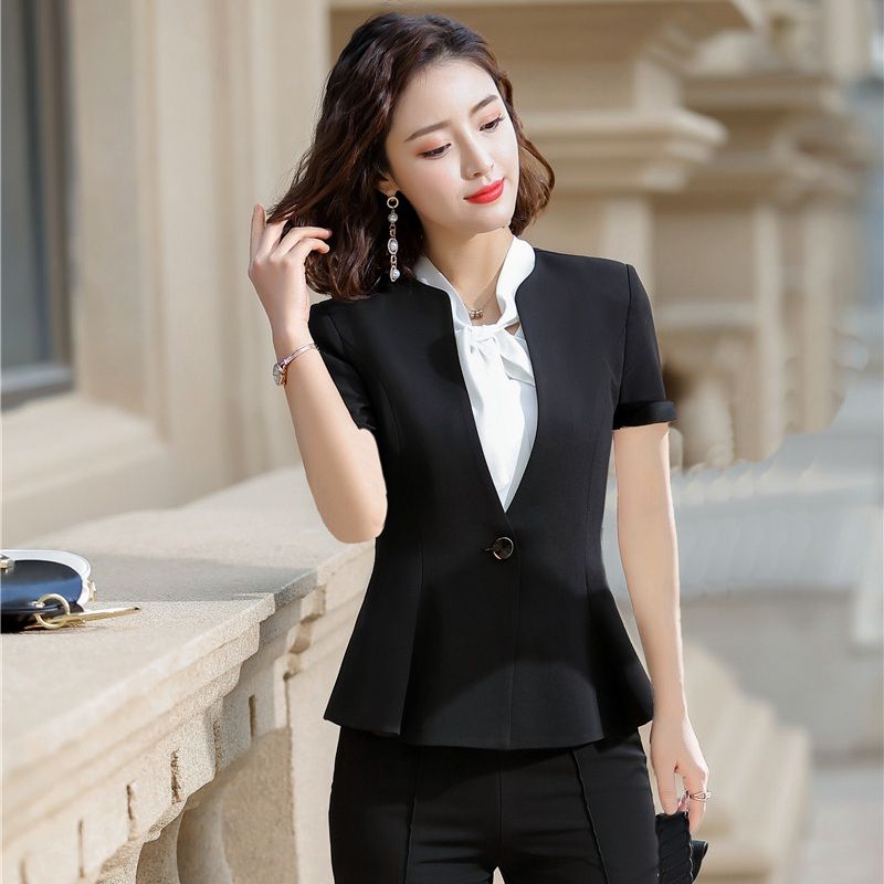 formal Mujer Negro Blazer Mujeres chaquetas de manga corta Oficina trabajo de las señoras