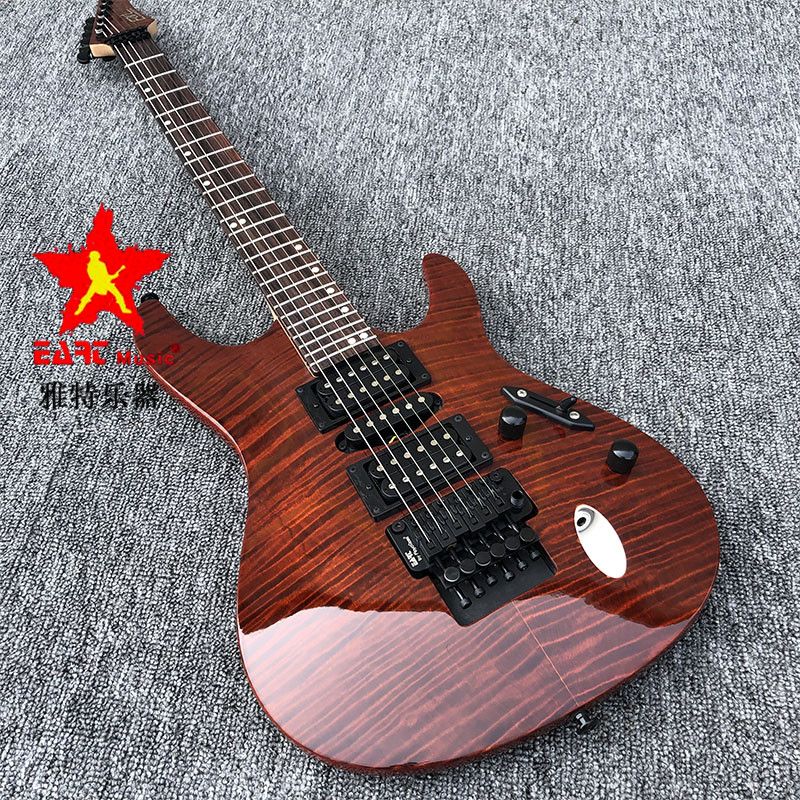 In Stock EART Electric Guitar, Transparent Red Paint, Tiger Print Maple