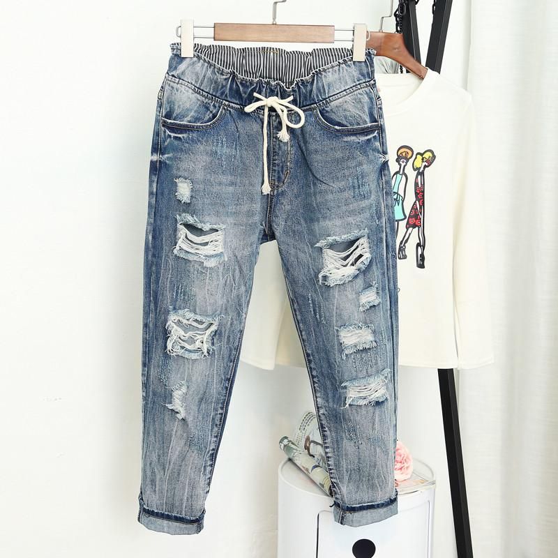 Summer Ripped Boyfriend mujer moda suelta Jeans de cintura alta Tallas grandes Jeans