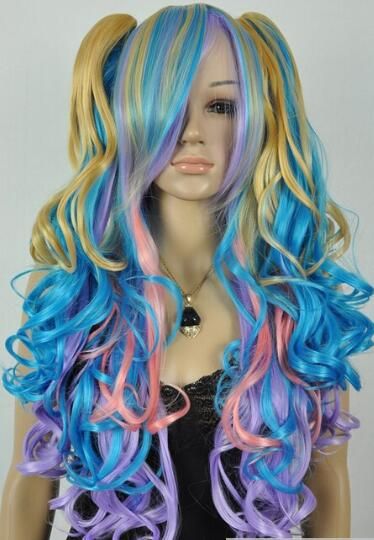 Blue Purple Multi Color Long Curly Cosplay Full Wig Affordable