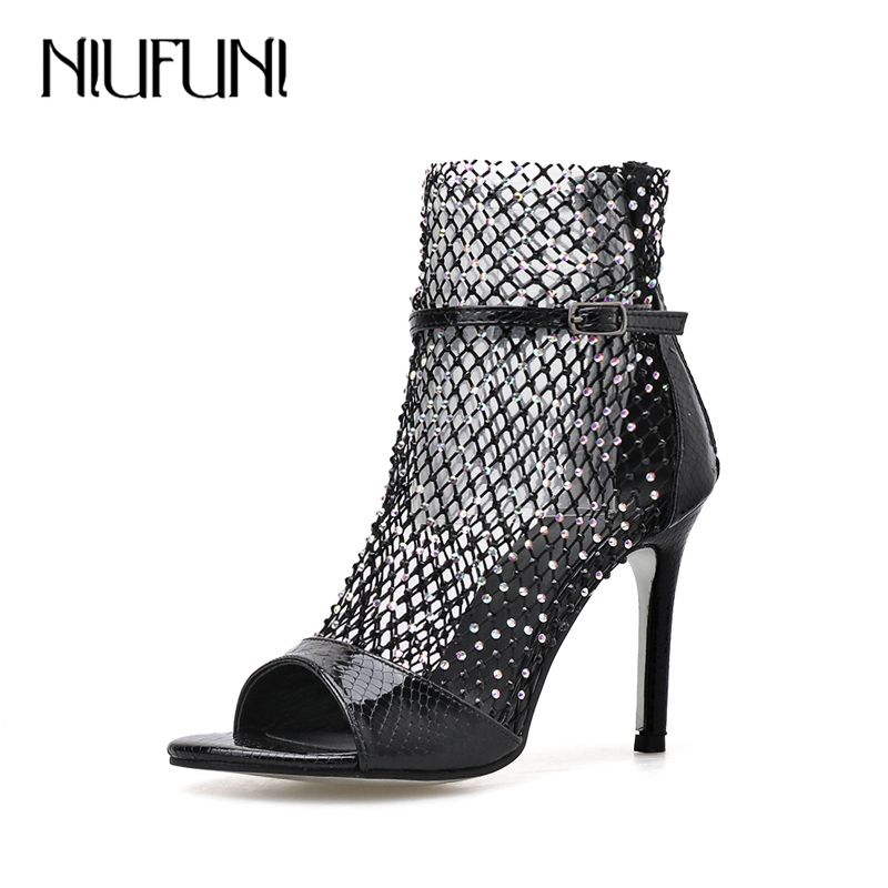Summer Mesh High Heels Mid Calf Gladiator Sandals Boots Women Platform Thick Heel Shoes