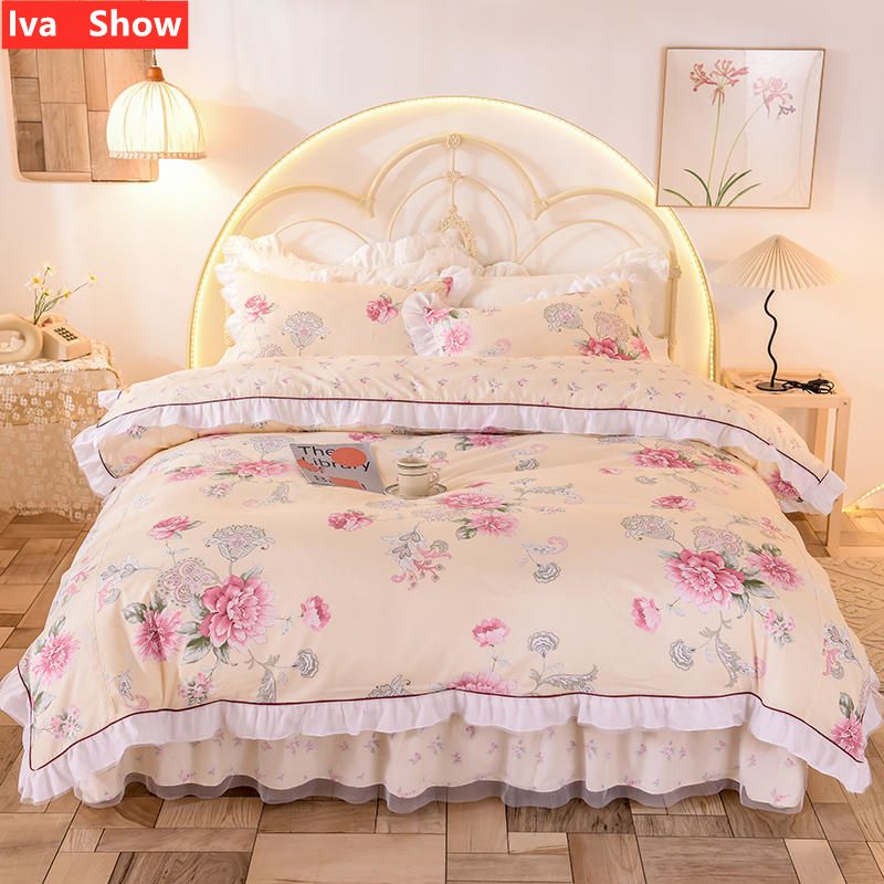 Pure Cotton Light Yellow Bedding Set, Light Pink Queen Size Bed Skirt