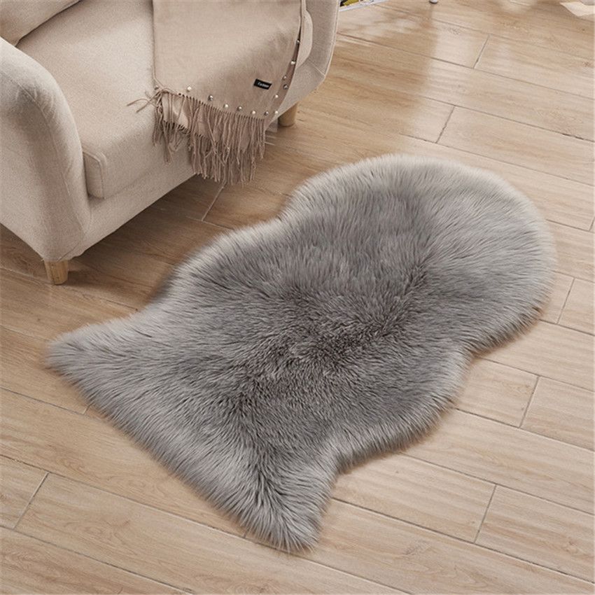 US Fluffy Faux Fur Sheepskin Rug Bedroom Carpet Irregular Mat Gift Silver Gray 