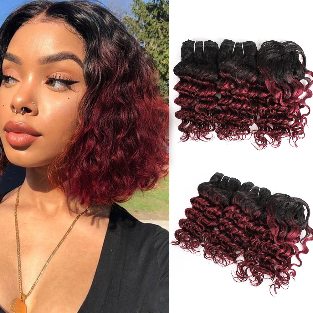 Brazilian Deep Curly Hair Weave Bundles Human Hair bundles Ombre Burgundy 3pcs/Set For Full Head 8-10 Inch Remy Human Hair Extensions Brazilian Deep Curly Hair Weave Bundles Human Hair bundles Ombre Burgundy 3pcs/Set For Full Head 8-10 Inch Remy Human Hair Extensions