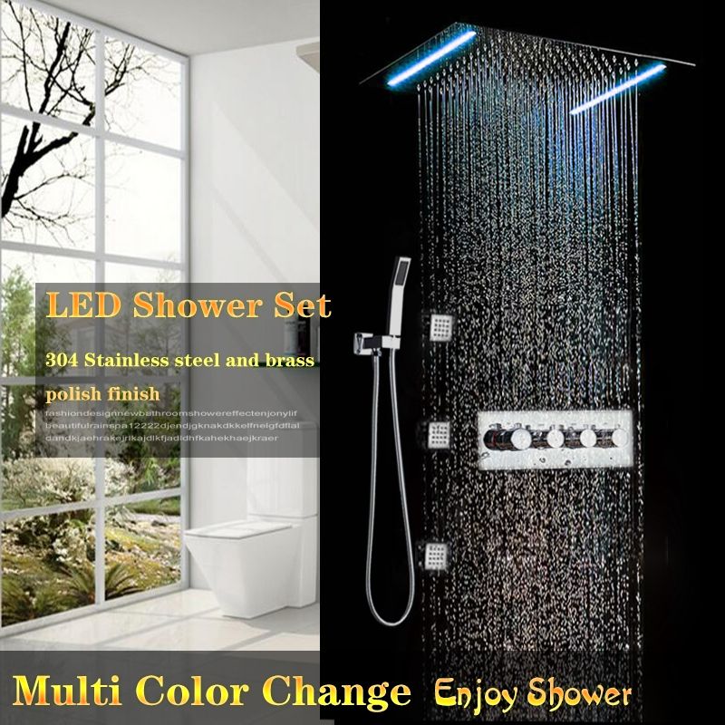 2019 Big Shower Head Recessed Ceiling Rain Chrome Rainfall 360x500mm Electric Power Showerheads With 3 Function High Flow Valve Led Light Shower From