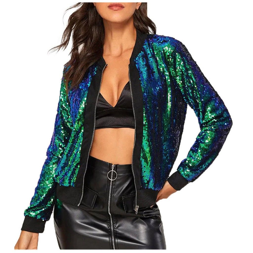 Abrigo De Lentejuelas De Mujer Chaqueta Bomber Cremallera De Abrigo De Lentejuelas De Mujer Chaqueta Bomber Cremallera De