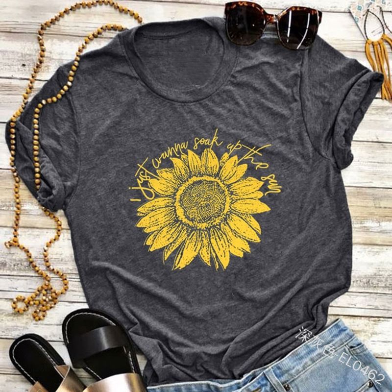 Camiseta Tops de manga corta de verano para mujeres Top de impresión de girasol casual Camiseta Tops de manga corta de verano para mujeres Top de impresión de girasol casual