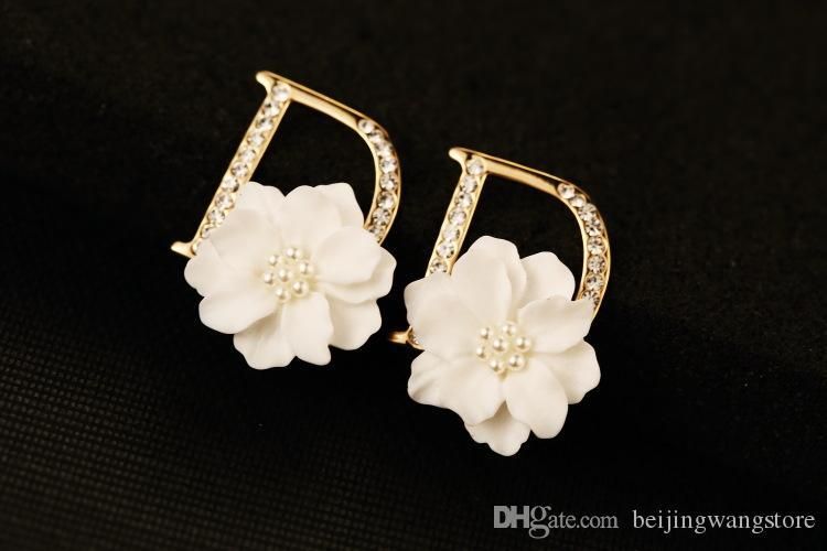 Korean Style Gold D Letter Flower Pearl Cubic Zirconia Stud Earrings