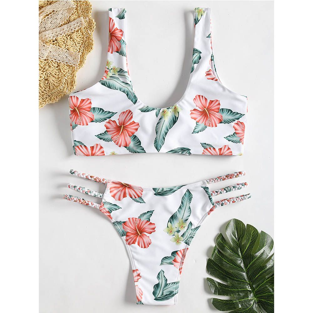 Front Knotted Bikini Set 2018 Floral Braided Bikini High Cut Bikini ...