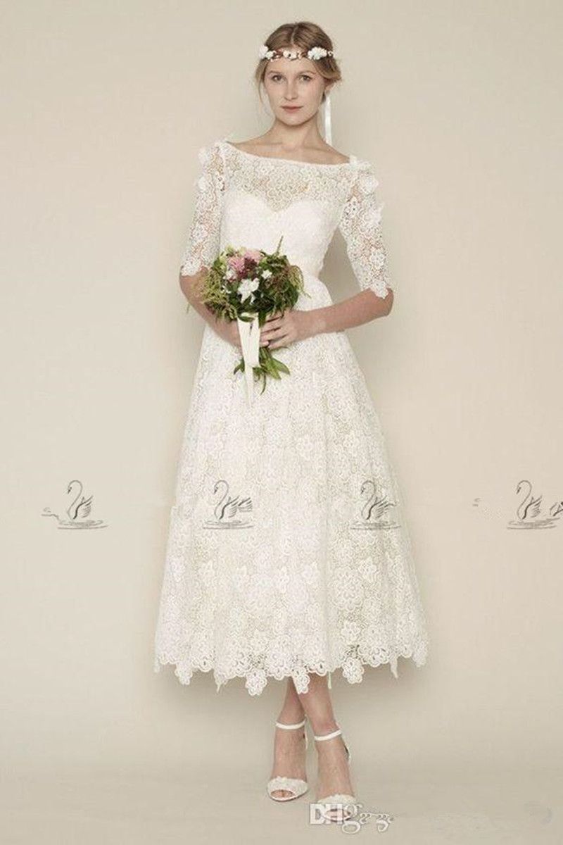 Discount Vintage Lace Tea Length Wedding Dresses With Sleeves 2019