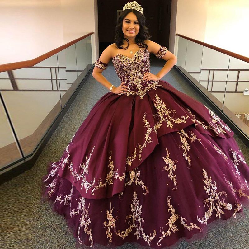 Vino glamoroso con bordado de oro Quinceañera vestidos de fiesta 2022 mangas desmontables con cuentas larga Vino glamoroso con bordado de oro Quinceañera vestidos de fiesta 2022 mangas desmontables con cuentas larga