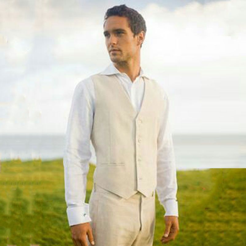 Ivory Linen Vest Pants Men Suits For Beach Wedding Man Blazer Groom Tuxedos Costume Mariage Homme Prom Party Slim Fit Terno Masculino Mens Dress Mens