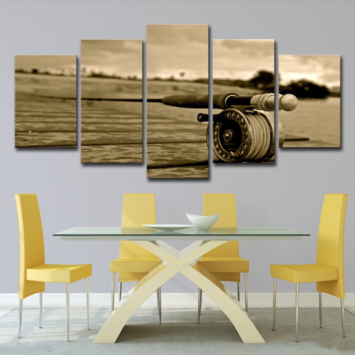 2019 Canvas Painting Hd Printed Fishing Rods Vintage Yellow Wall