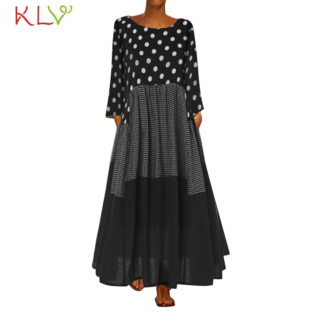 Dress Women Vintage Dot Print Boho Elegant Long Sleeve Maxi Dress