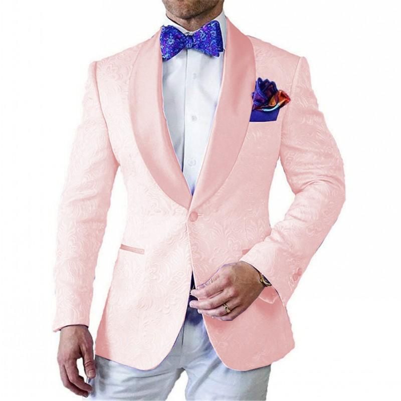 Fashion Pink Embossing Groom Tuxedos Shawl Lapel Groomsmen Men Formal
