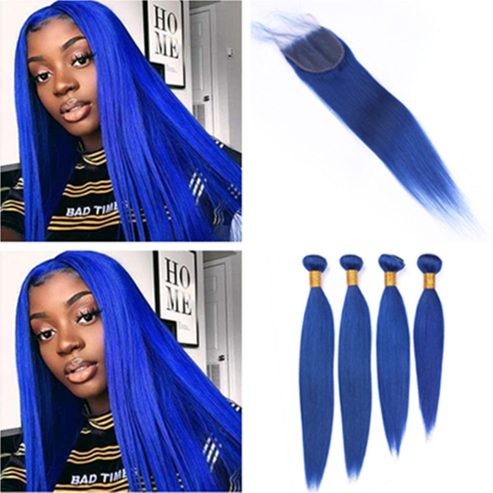 Blue Color Straight Human Hair Bundles and Closure Dark Blue Brazilian Virgin Hair Lace Closure 4x4 Blue Color Straight Human Hair Bundles and Closure Dark Blue Brazilian Virgin Hair Lace Closure 4x4