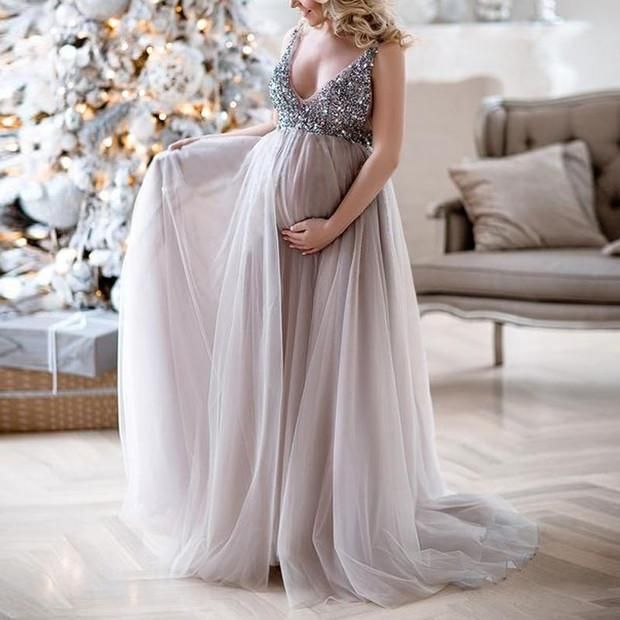 Apoyos de la fotografía de maternidad Vestidos de maternidad para sesión de fotos Lentejuelas con cuello Apoyos de la fotografía de maternidad Vestidos de maternidad para sesión de fotos Lentejuelas con cuello