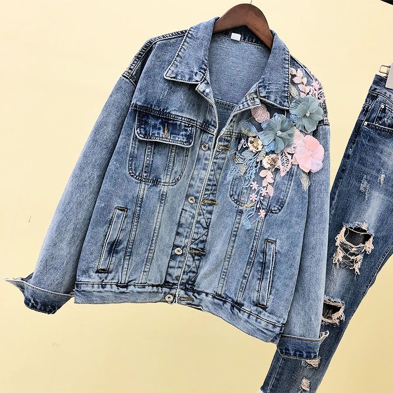 High Quality Brand 2018 New 3D Flower Denim Jacket Women Fashion 