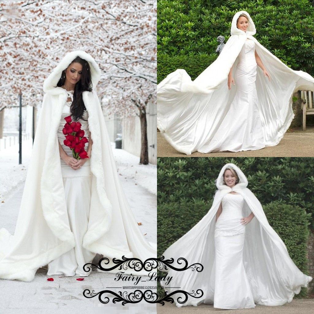 2019 Long Faux Fur White Bridal Hooded Cloak Cape Winter Wedding Dress Wraps