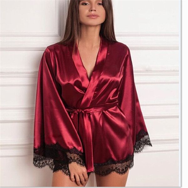 Spitze Satin Nachtwäsche Nachthemd Satin Morgenrock Hausmantel S-XL Damen