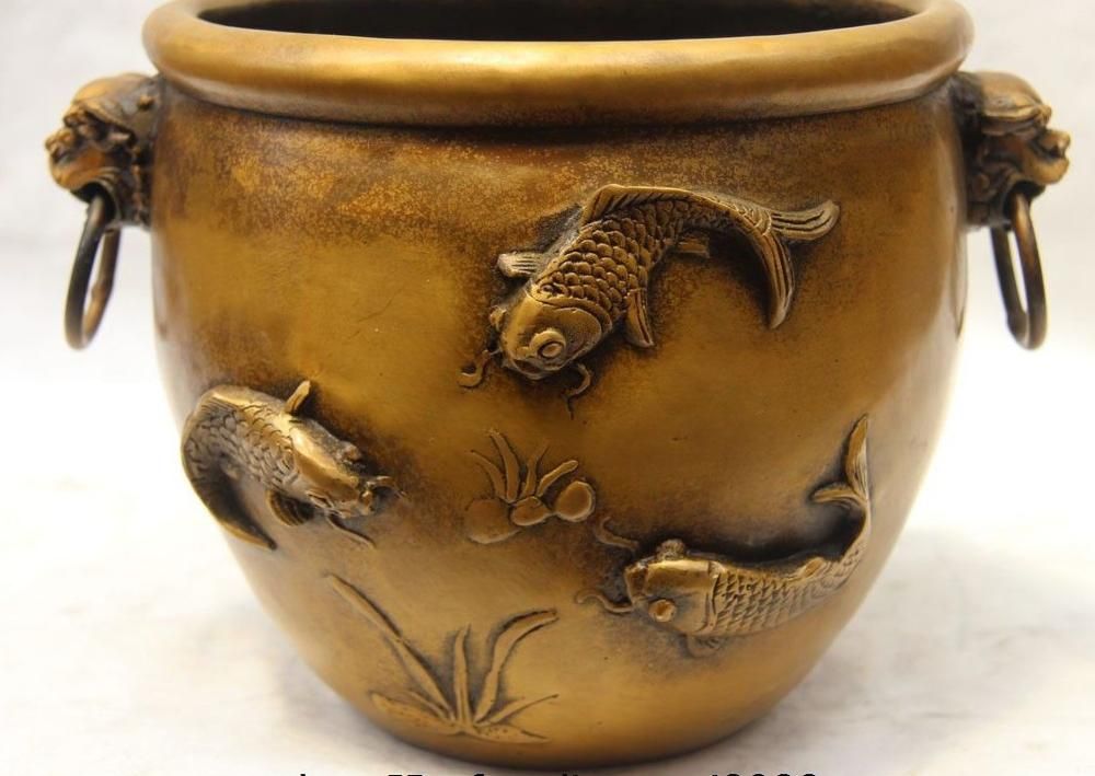 China Bronze Copper Decoration Fish Carp Foo Dog Lion Ear Tank