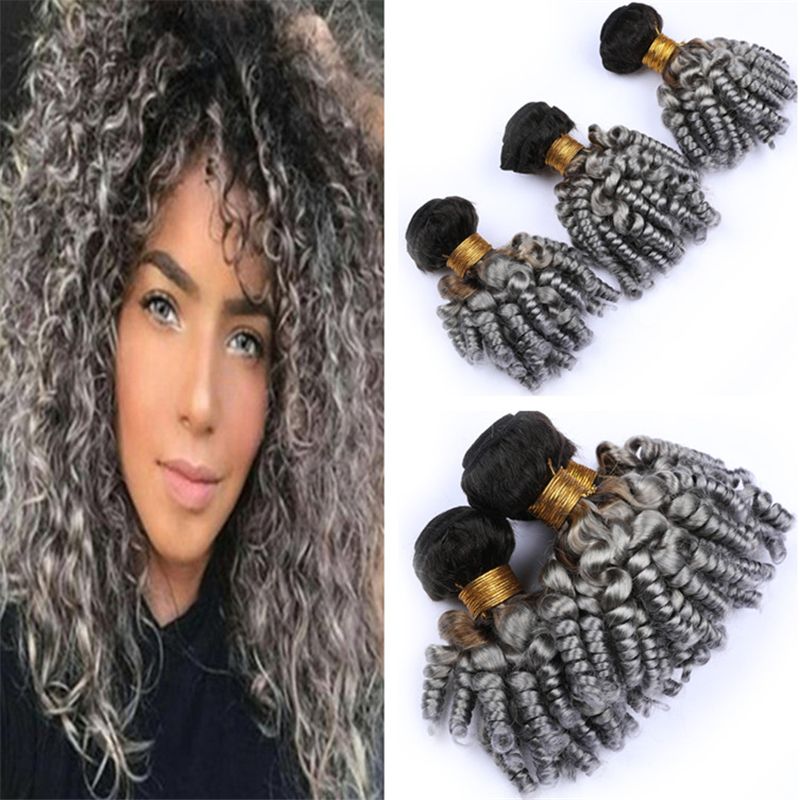 Dark Roots Grey Ombre Funmi Curly Human Hair 3 Bundles Black And Gray Bouncy Spiral Curls Virgin Hair Weave Wefts Extensions Black Hair Weave Sites