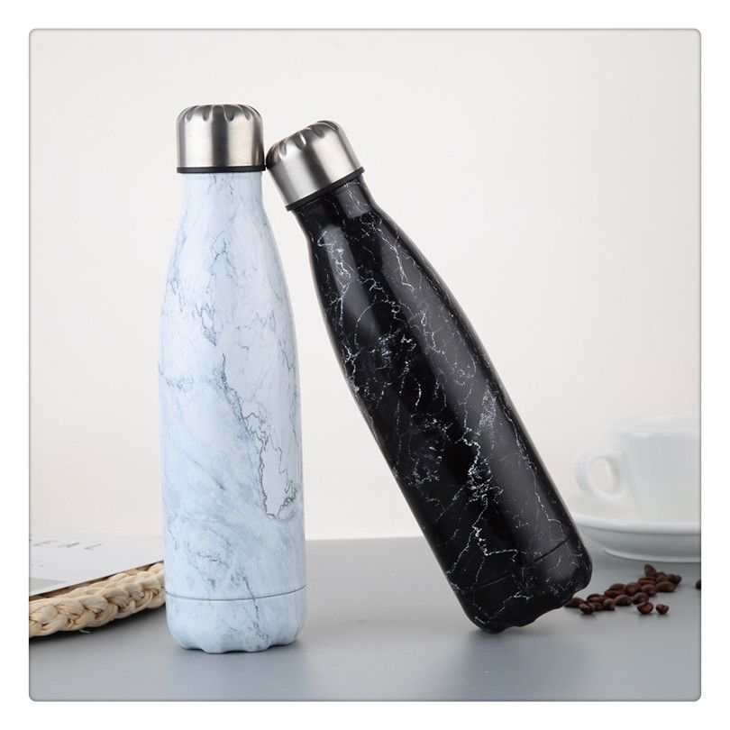 satin al yeni 350 ml mermer renkli kola seklinde su sisesi cift duvar paslanmaz celik vakum paslanmaz celik kola su bowling siseleri tl67 73
