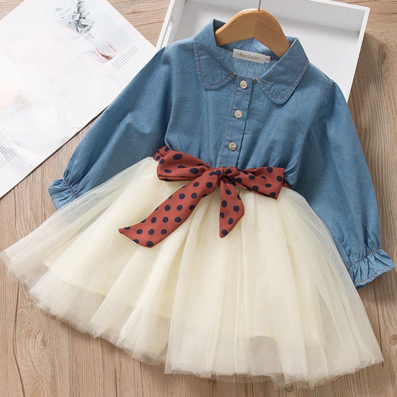 2021 Baby Girls Denim Skirts Long Sleeve Wash Blue Denim Tutu Dress With Dots Waist Belt New