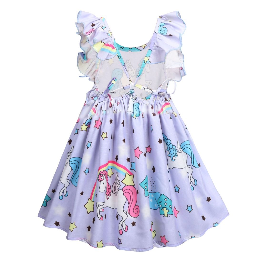 2020 New Girls Rainbow Unicorn Dress Colorful Star Falbala Sleeve