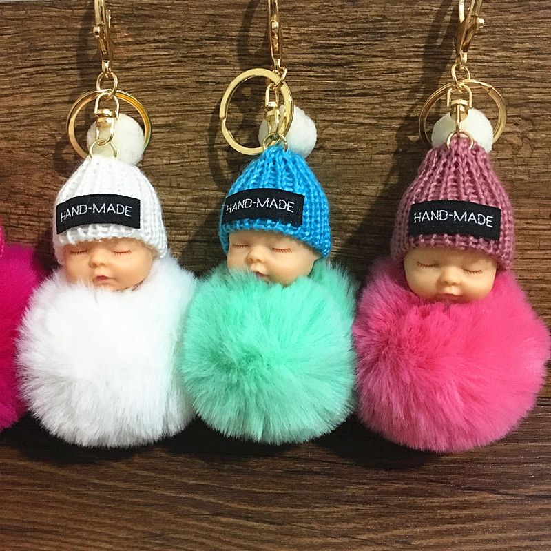 2020 Baby Doll Keychain Pompom Faux Fur Ball Car Keyring Baby Toy Key Chain Women Key Holder Bag