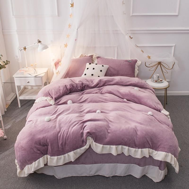 Thick Fleece Warm Bedding Set Queen King Size Pink Purple Brown