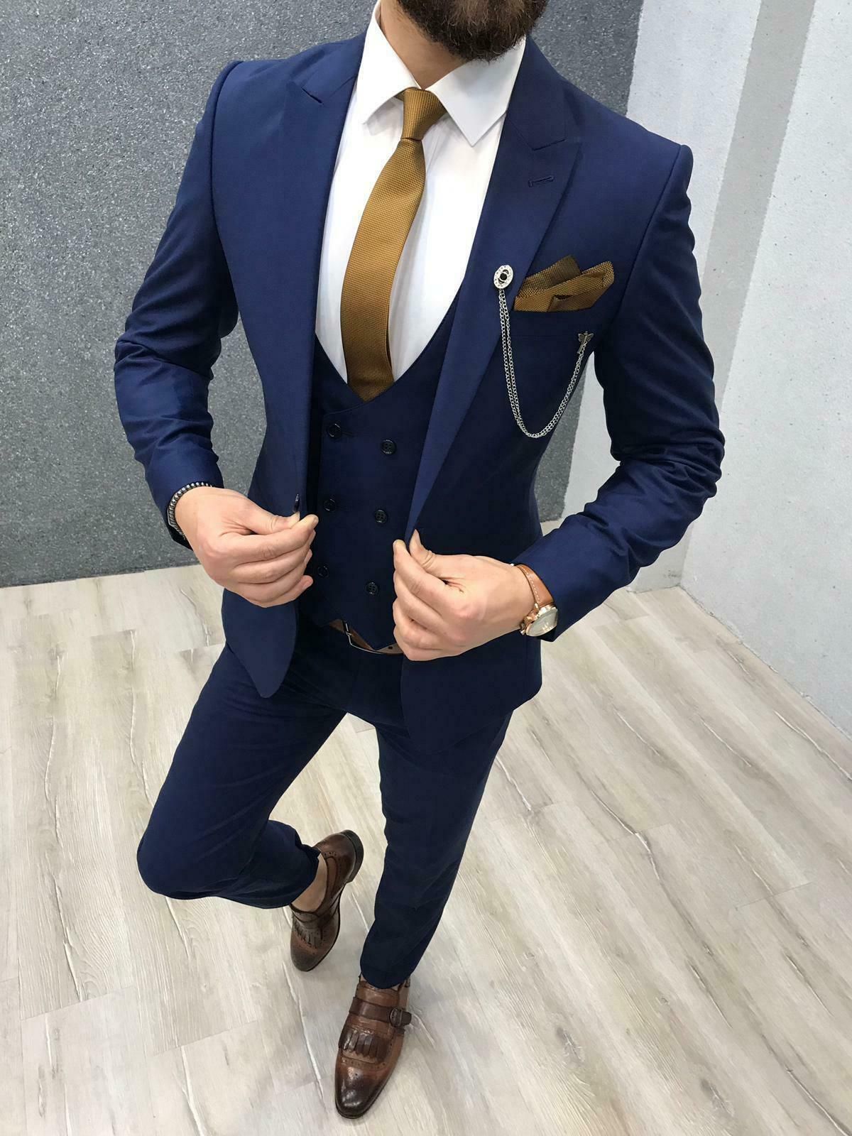 Compra Trajes De Hombre Azul Novios Boda Mejor Hombre Esmoquin Formal Prom  3 Piezas Formal Prom Chaleco Pantalones Chaqueta + Chaleco + Pantalones  Barato | Entrega Rápida Y Calidad | Es.Dhgate