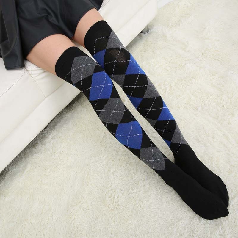 Women Over Knee High Socks Simple Plaid 