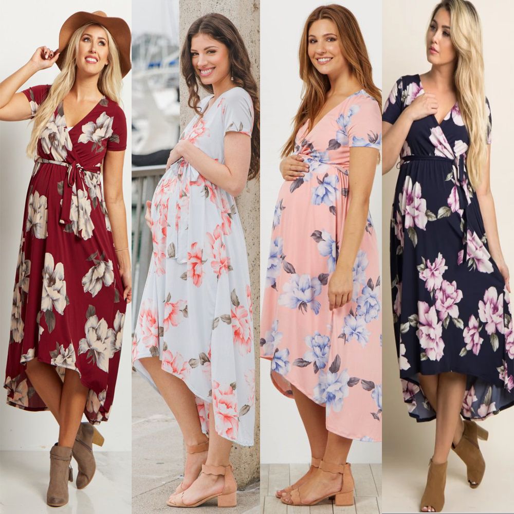 2020 New Style Pregnant Women Floral Long Maxi Dresses Maternity Gown