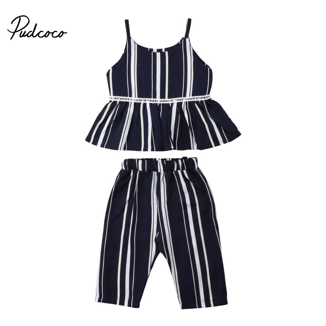 Toddler Kids Baby Girl Striped Tops Suspender Skirt Headbands Outfits Clothes US