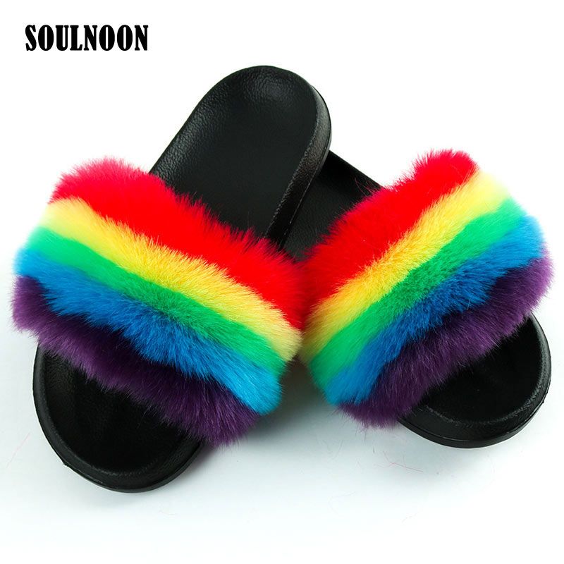 rainbow fuzzy slippers